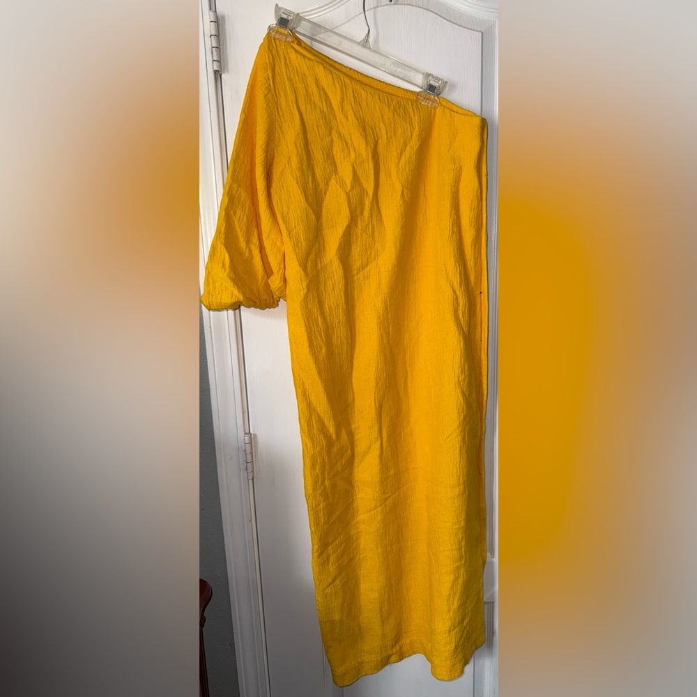 Mara Hoffman Emilie One-Shoulder Cotton Linen Cloqué Midi Dress Yellow Size 0 - Picture 5 of 10